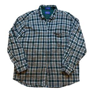 Pendleton Mens Green & Tan Plaid Button-Up Shirt Virgin Wool Size XL